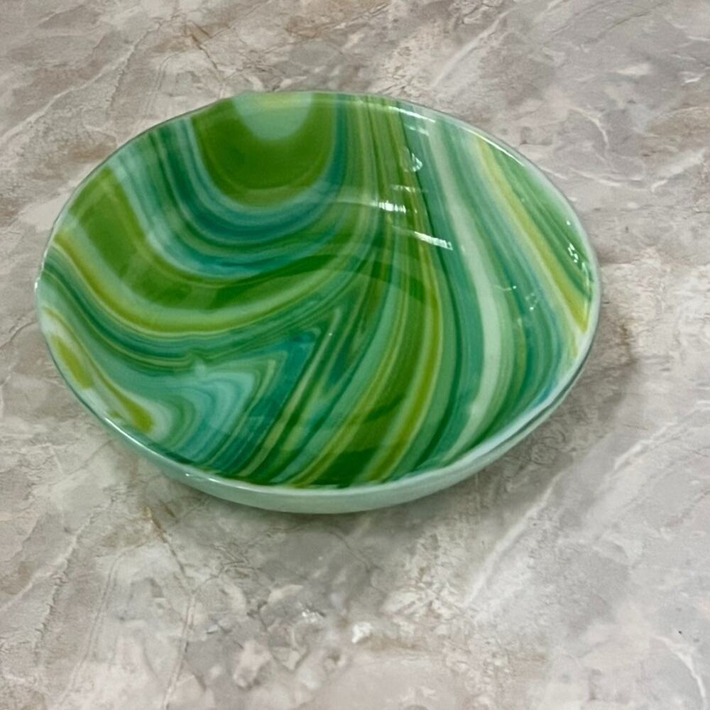 Handcrafted Fused Glass Serving Bowl 8" Centerpiece Green Tones Swirl Design